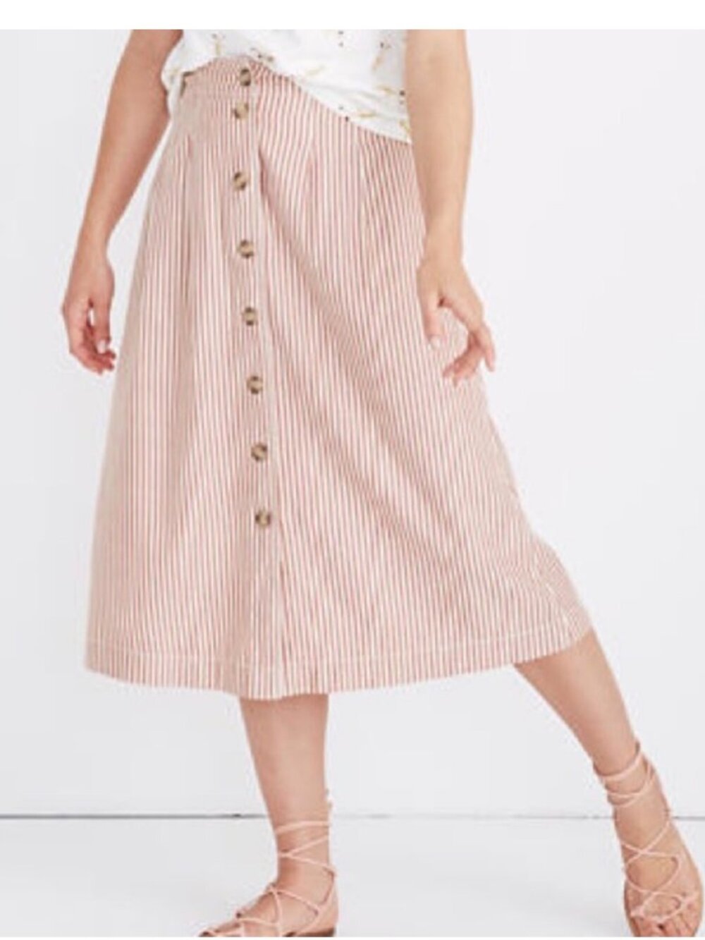 Madewell brown ivory stripe button front cotton midi skirt size 22 F4